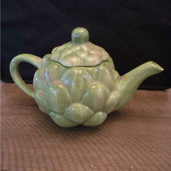 Vtg Teleflora Green Artichoke Teapot with Lid Glazed Approx 5" tall x 9" wide - Picture 2 of 6